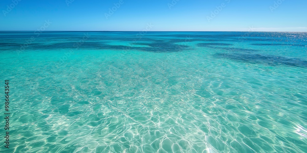The ocean is calm and clear, with a bright blue sky above. The water is still and peaceful, with no signs of waves or currents. The scene is serene and tranquil The ocean is calm and clear, with a bright blue sky above. The water is still and peaceful, with no signs of waves or currents. The scene is serene and tranquil