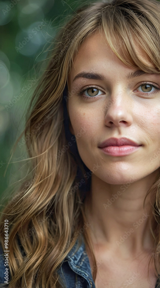 Closeup Portrait of a Woman With Wavy Light Brown Hair and Soft Natural Expression in a Blurred Outdoor Setting Closeup Portrait of a Woman With Wavy Light Brown Hair and Soft Natural Expression in a Blurred Outdoor Setting