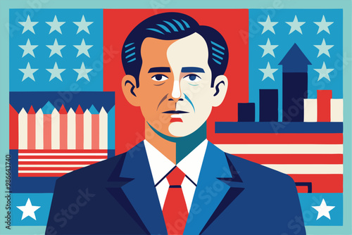A candidate poses confidently against a backdrop of stars and stripes, symbolizing patriotism, Candidate illustration for politics
