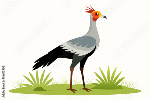 Detailed vector artwork of a Secretary Bird walking through the grasslands of the savanna. Ideal for wildlife designs, educational content, and African-themed nature projects. photo