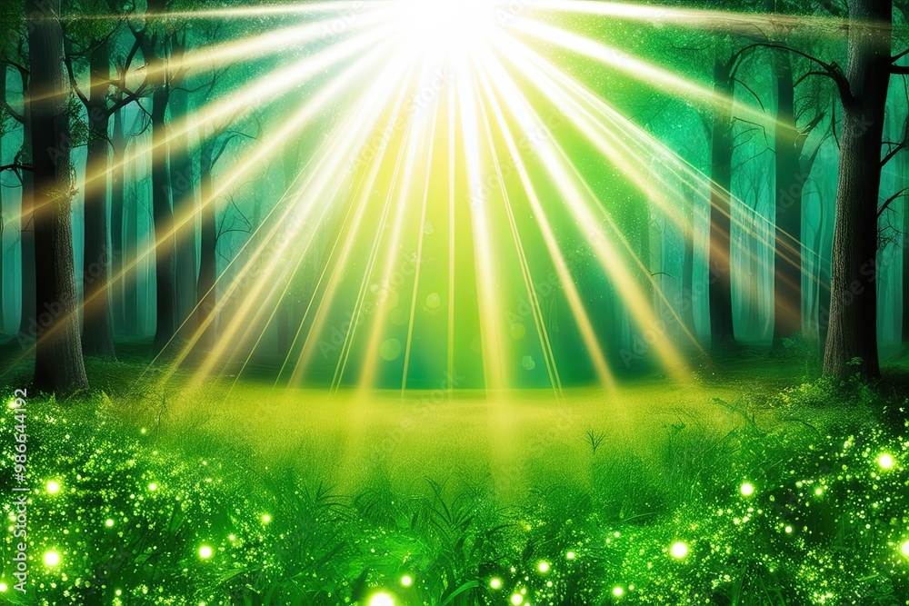 Vibrant Forest Light with Dazzling Rays and Green Shimmering Atmosphere Vibrant Forest Light with Dazzling Rays and Green Shimmering Atmosphere
