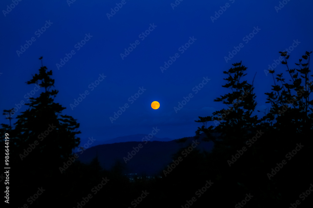 A yellow moon rises over mountains and forests on an autumn evening. A yellow moon rises over mountains and forests on an autumn evening.