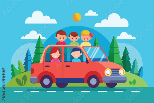 Five cheerful friends share a fun carpool adventure on a sunny day, surrounded by nature and greenery, Carpool Flat Illustration