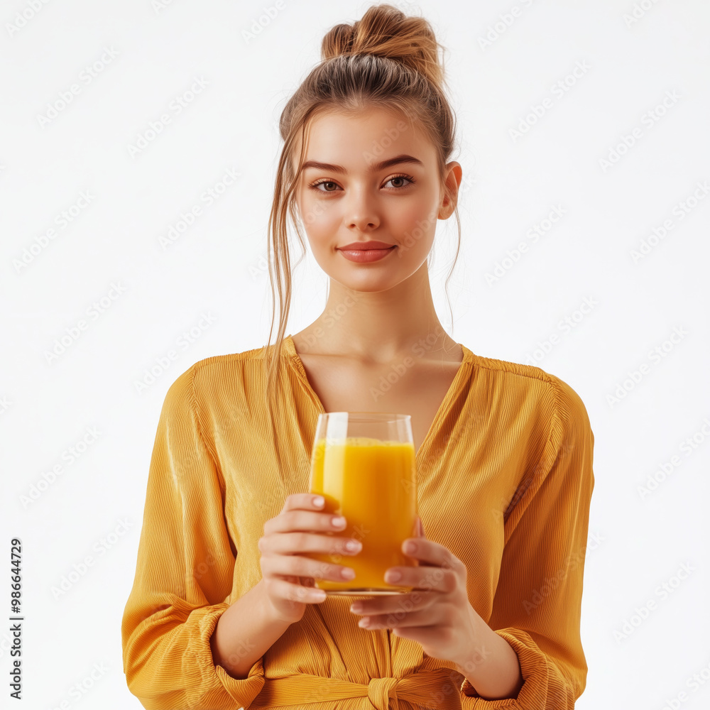 A cheerful woman enjoying a refreshing orange drink in a bright, airy setting on a sunny day A cheerful woman enjoying a refreshing orange drink in a bright, airy setting on a sunny day