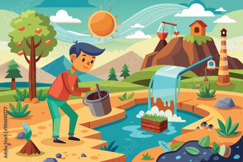 A character collects soil while water flows from a nearby stream, illustrating resource depletion challenges, Cartoon illustration of natural resource depletion.
