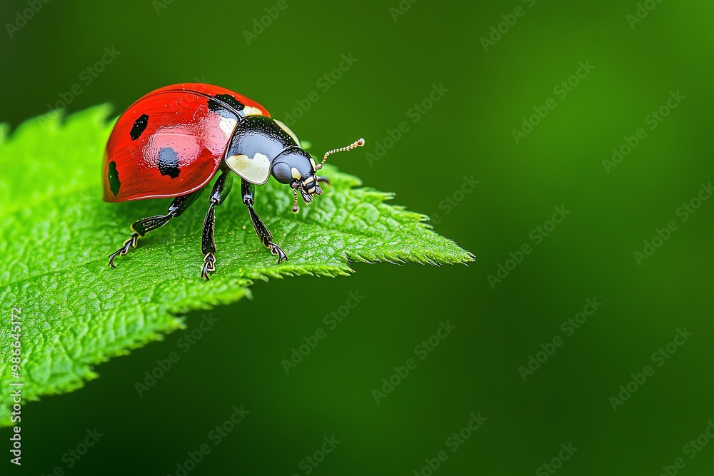 Fototapeta premium A close-up of a ladybug on a green leaf, adding a pop of color in a natural setting