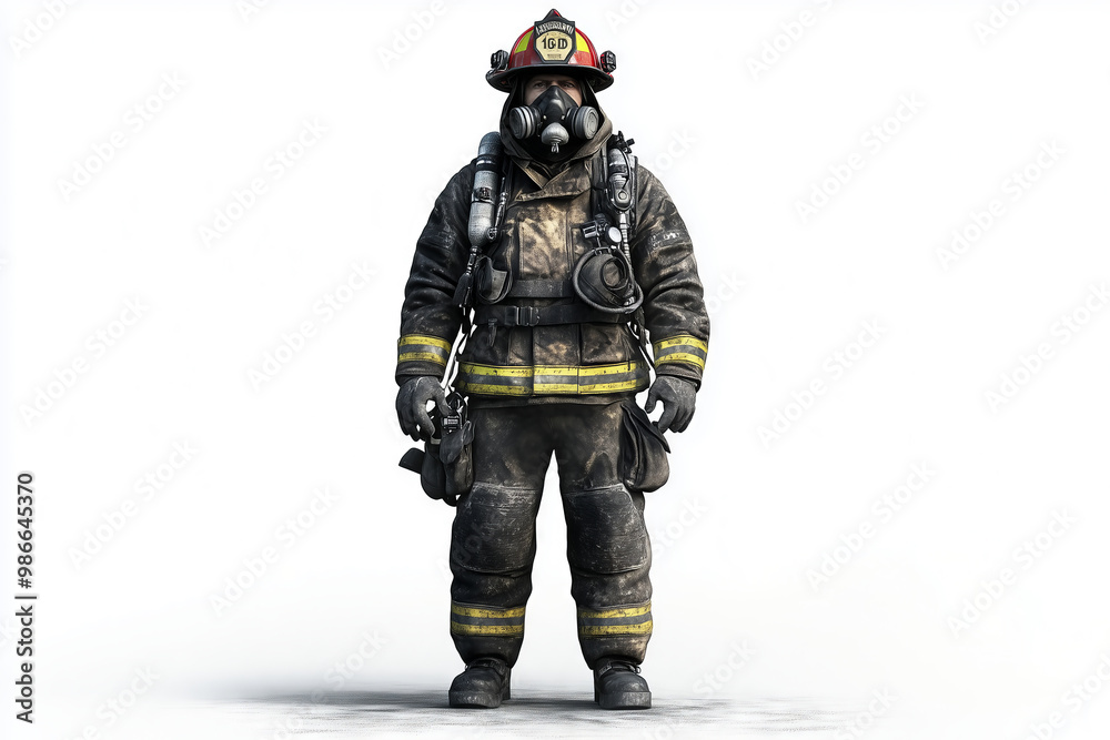 A brave firefighter stands ready, fully equipped in protective gear, prepared to combat flames during a challenging rescue operation A brave firefighter stands ready, fully equipped in protective gear, prepared to combat flames during a challenging rescue operation