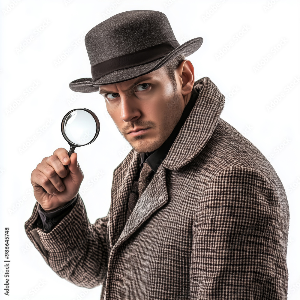 A detective in a classic hat examines clues with a magnifying glass, showcasing mystery and intrigue in a stylish, vintage atmosphere A detective in a classic hat examines clues with a magnifying glass, showcasing mystery and intrigue in a stylish, vintage atmosphere