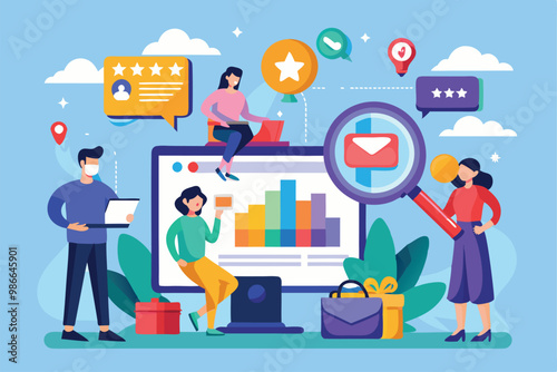 Wallpaper Mural A group of individuals is engaged in reviewing market promotions, using charts and digital devices for analysis, Check the market for promotions, specifically flat illustrations. Torontodigital.ca