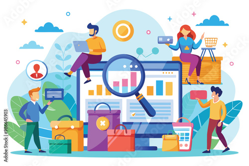 A group analyzes online promotions for flat products, discussing strategies and reviewing data together, Check the market for promotions, specifically flat illustrations.