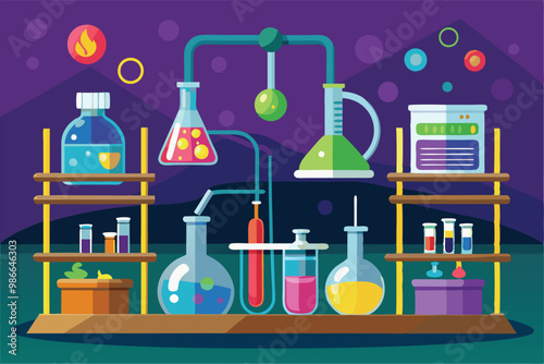 A vibrant chemistry lab setup features flasks and beakers filled with colorful liquids and lab tools, Chemistry lab illustration that can be customized