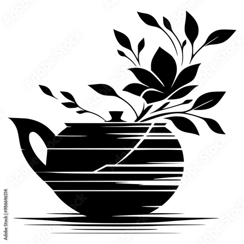 Bold black and white silhouette of a teapot, designed with minimalist lines for an abstract and modern look. The simple yet distinct shape contrasts against a plain background, capturing 