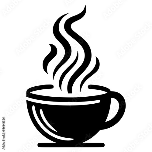 Bold black and white silhouette of a steaming cup, created with minimalist lines for a sleek, abstract design. The simple, distinct shape stands out against a plain background, embodying modern minima