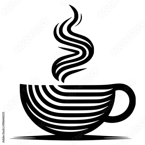 Bold black and white silhouette of a steaming cup, created with minimalist lines for a sleek, abstract design. The simple, distinct shape stands out against a plain background, embodying modern minima