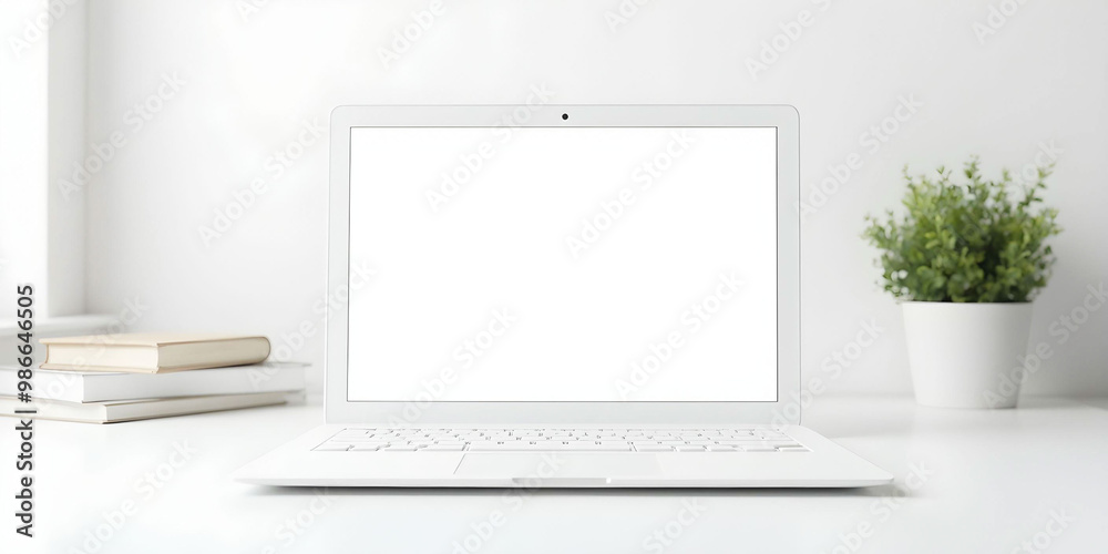 Obraz premium A clean white workspace featuring a sleek laptop, minimalist decor, and ample natural light, creating an inviting and productive atmosphere