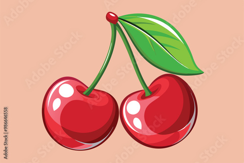 This artwork features two vivid red cherries with a shiny appearance and a bright green leaf, perfect for decoration, Cherry Customizable Artwork