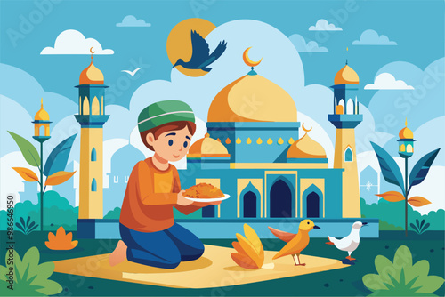A young child is kneeling and feeding birds near a mosque, surrounded by greenery and tranquility, Child feeding birds outside mosque, quiet flat illustration.