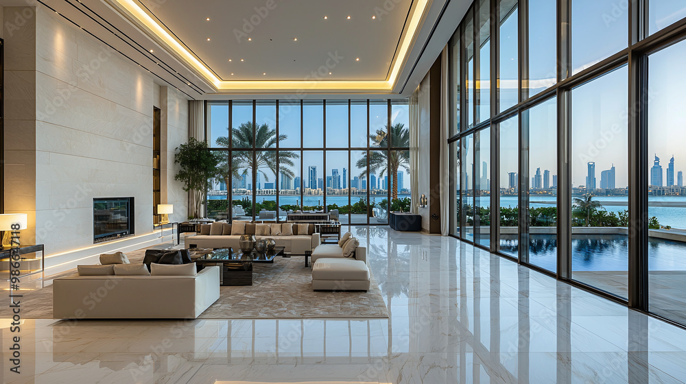 a stunning Dubai villa interior with floor-to-ceiling windows overlooking the Palm a stunning Dubai villa interior with floor-to-ceiling windows overlooking the Palm