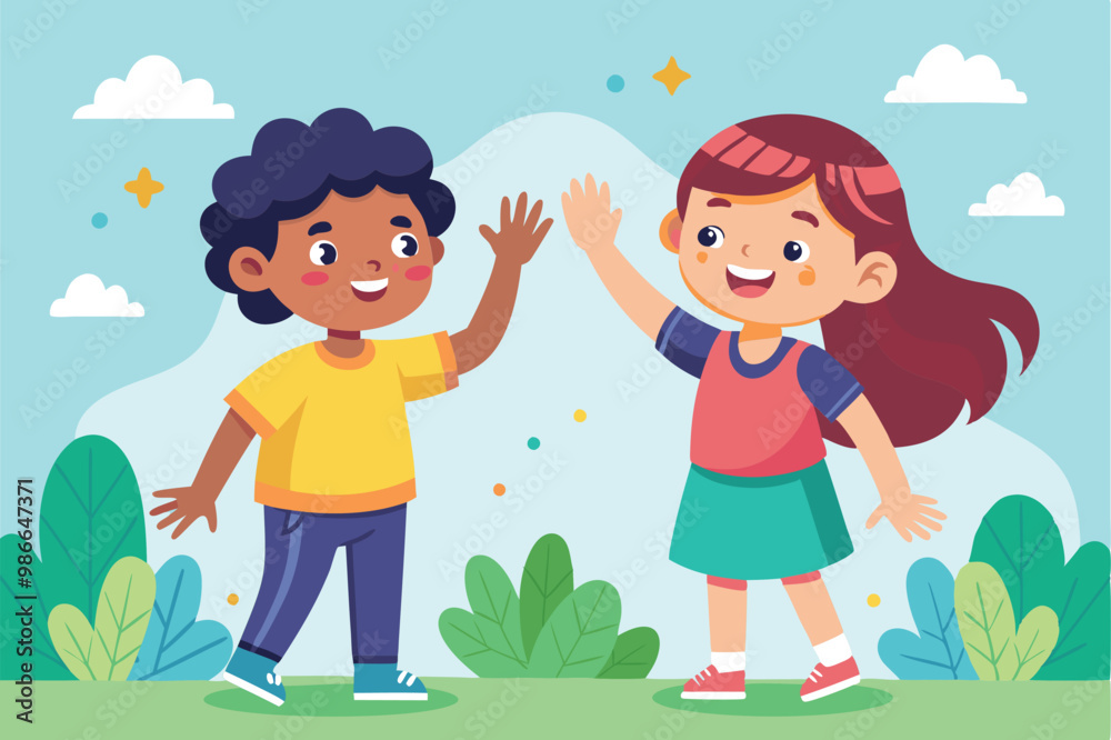 Two children happily give each other high fives while enjoying a sunny day outside, Children give each other high fives with customizable and exaggerated illustrations. Two children happily give each other high fives while enjoying a sunny day outside, Children give each other high fives with customizable and exaggerated illustrations.