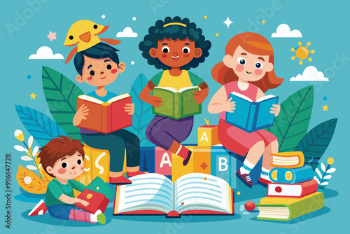 A group of children happily reads alphabet books while sitting on the floor, surrounded by vibrant decorations, Children using alphabet books, illustrated in a flat style.
