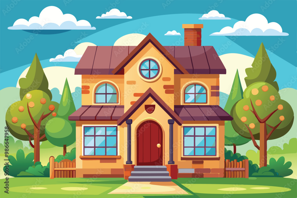 A delightful house stands in a serene environment filled with trees and fluffy clouds, inviting customization, Choose a customizable cartoon illustration for your house. A delightful house stands in a serene environment filled with trees and fluffy clouds, inviting customization, Choose a customizable cartoon illustration for your house.