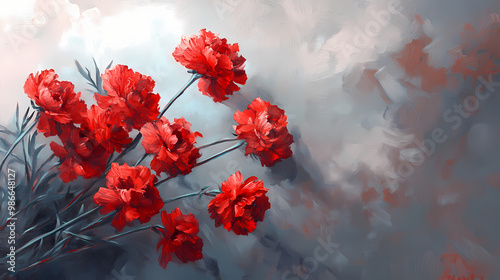 Romantic oil painting with red carnations. Oil Painting. Illustration