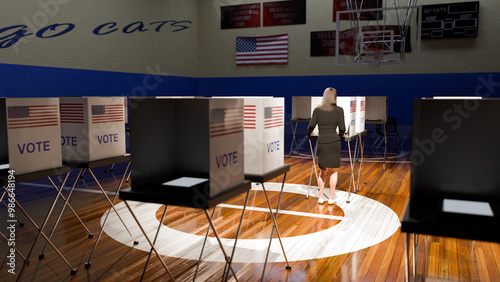 3d render of a woman casting her votes in a voting booth in the USA.