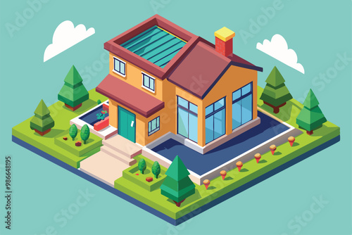 This artwork displays a colorful, modern house surrounded by greenery and a neat garden layout, Choose a customizable isometric illustration of a house.