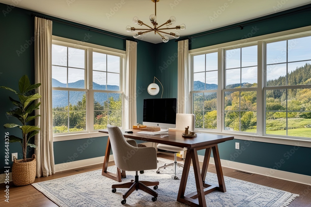 Fototapeta premium Serene Modern Home Office Sanctuary with Cozy Design in Picturesque Setting