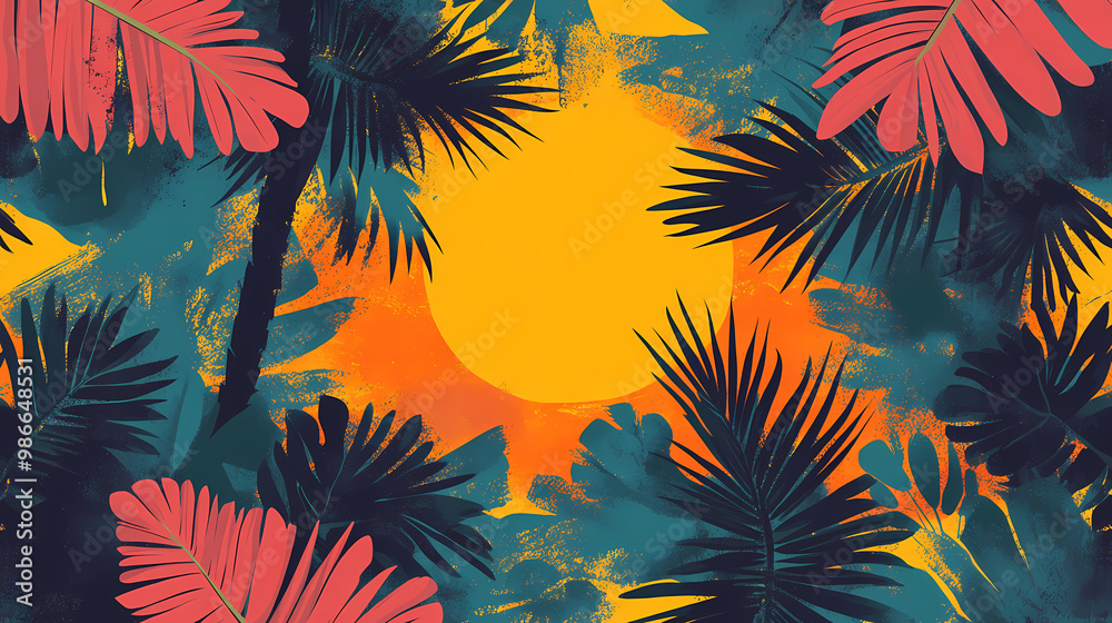 Seamless abstract pattern with sun, palm tree, leaves. summer sunset texture. vector illustration. Abstract Patterns. Illustration Seamless abstract pattern with sun, palm tree, leaves. summer sunset texture. vector illustration. Abstract Patterns. Illustration