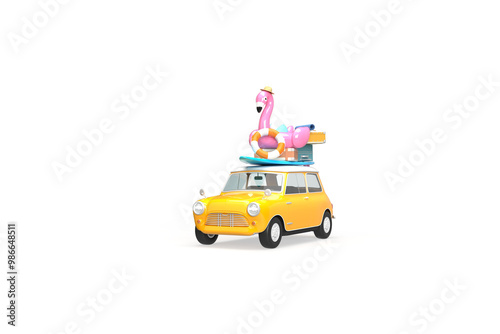 A yellow vintage car. On the roof there is a suitcase, a ball, a circle and a flamingo for swimming and surfboard. 3d on the topic of travel, recreation, tickets, the sea. Transparent background.