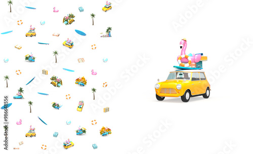Pattern on the theme of the sea, beach, rest and travel. Pattern vintage car, suitcases, flamingo bathing circle, surfboard, ball. Transparent background.