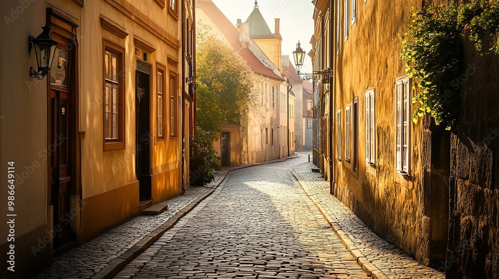 Obraz premium A historical adventure tour through a historic city, with a guide leading the way through narrow cobblestone streets and sharing tales of the past.