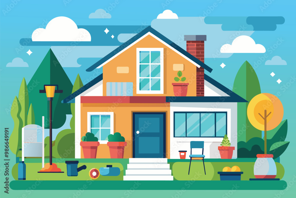 A cheerful house surrounded by greenery, showcasing planters and outdoor cleaning tools for maintenance, Clean the house or apartment. A cheerful house surrounded by greenery, showcasing planters and outdoor cleaning tools for maintenance, Clean the house or apartment.