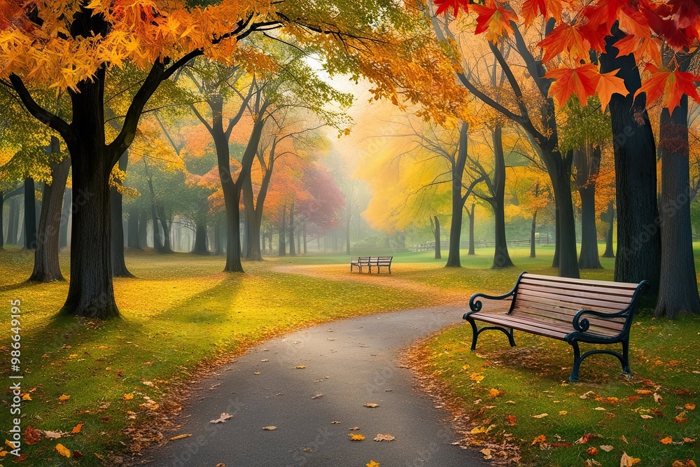 Naklejka premium Charming Autumn Park Illustration with Enchanted Foliage and Tranquil Nature Scene