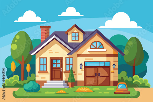 A well-maintained house stands among lush trees and shrubs on a sunny day, highlighting its cleanliness and charm, Clean the house or apartment.