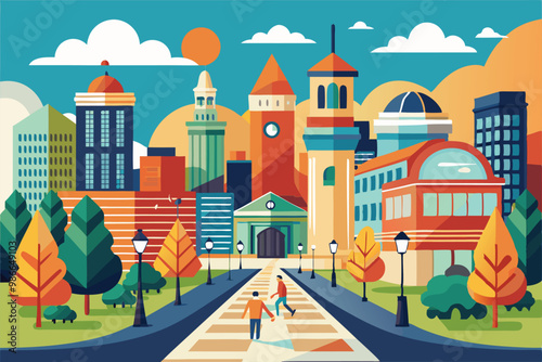 Two individuals stroll down a colorful city pathway surrounded by buildings and trees on a sunny day, City walk illustration, customizable and flat.