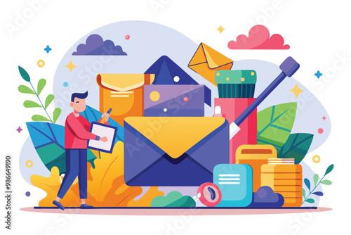 A person reviews strategies for organizing a cluttered inbox with various colorful envelopes and tools, Clean up your inbox with customizable and disproportionate illustrations.