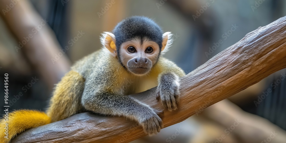 Fototapeta premium A baby monkey is sitting on a branch. The monkey is looking at the camera
