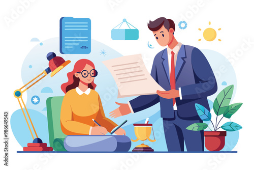 A client signs a flat fee contract with an attorney in an office environment, showcasing professionalism, Client signs contract for attorney's flat fee illustration.