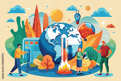 A vibrant illustration showcases individuals engaging in climate action to raise awareness about global warming, Tea illustration that can be customized