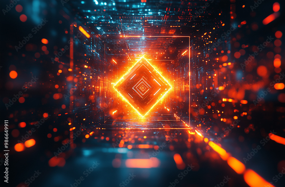 Fototapeta premium Diamond-Shaped Frame with Pulsating Orange and Teal Lights: Dynamic and Eye-Catching