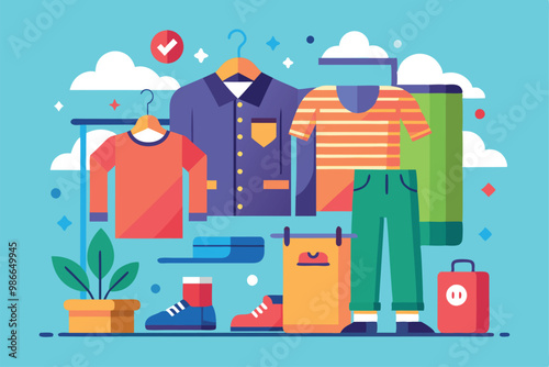 Colorful clothing items are showcased on hangers and surfaces, highlighting trendy styles and designs, Clothes for sale, flat drawings