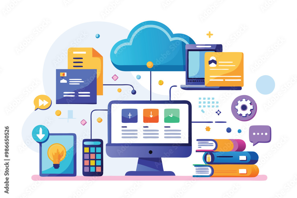 Visual representation of cloud hosting, showcasing file management and online service tools, Cloud-based website hosting and file management with flat illustration. Visual representation of cloud hosting, showcasing file management and online service tools, Cloud-based website hosting and file management with flat illustration.