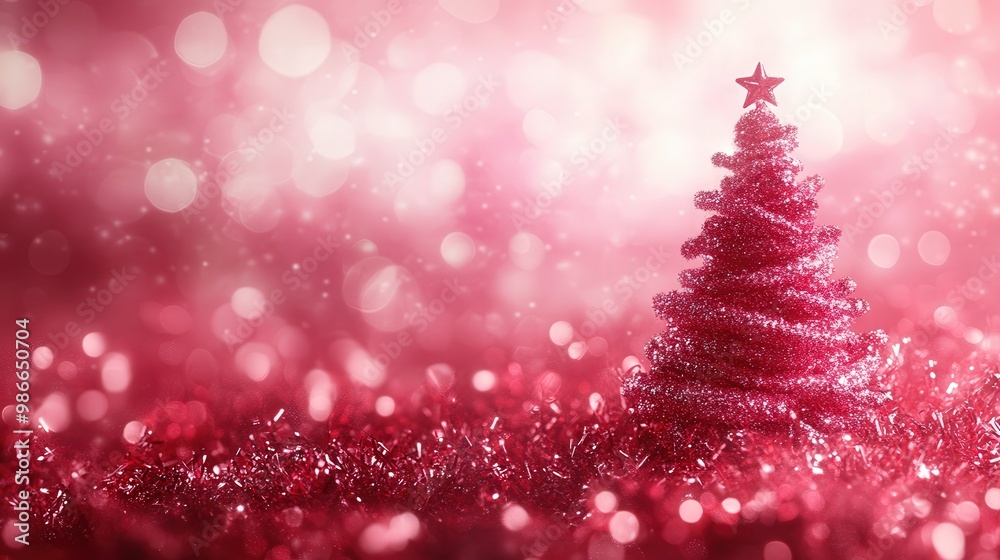 A red Christmas tree is surrounded by pink glitter A red Christmas tree is surrounded by pink glitter