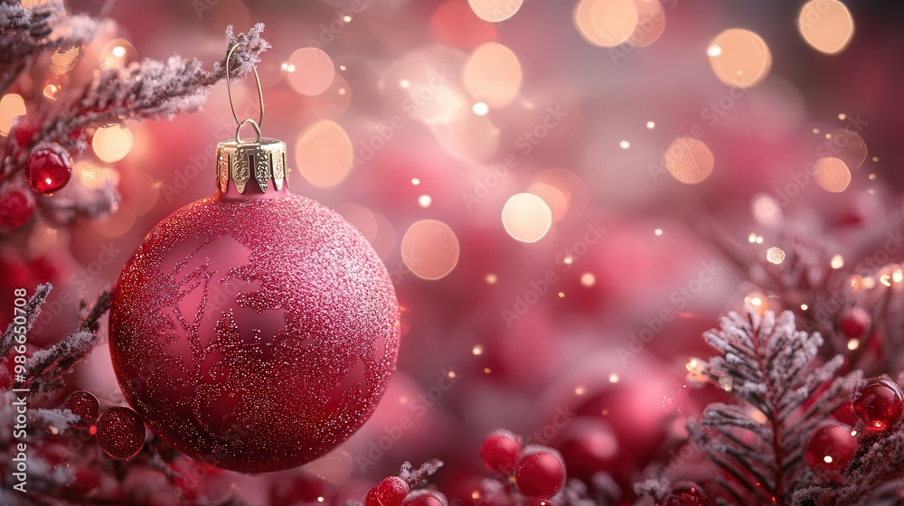A red ornament hangs from a tree branch