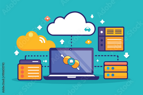 Cloud data backup is illustrated, showing connections between laptops and various storage options, Cloud data backup for laptops, illustrated in a flat style.