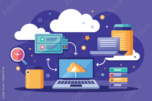 A vibrant illustration showing cloud data backup processes for laptops, highlighting storage and accessibility, Cloud data backup for laptops, illustrated in a flat style.