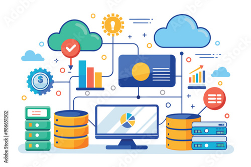 This visual representation highlights cloud database storage analysis, showcasing data tools and graphics, Cloud database storage analysis, simple illustration.