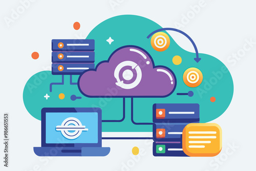 A vibrant cloud service illustration depicting data synchronization between devices and servers, Cloud service with sync sign, flat illustration.